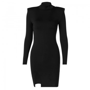 Women Spring Autumn Long Sleeve Bodycon Soild Color Black Slim Package Hip Mini Dress